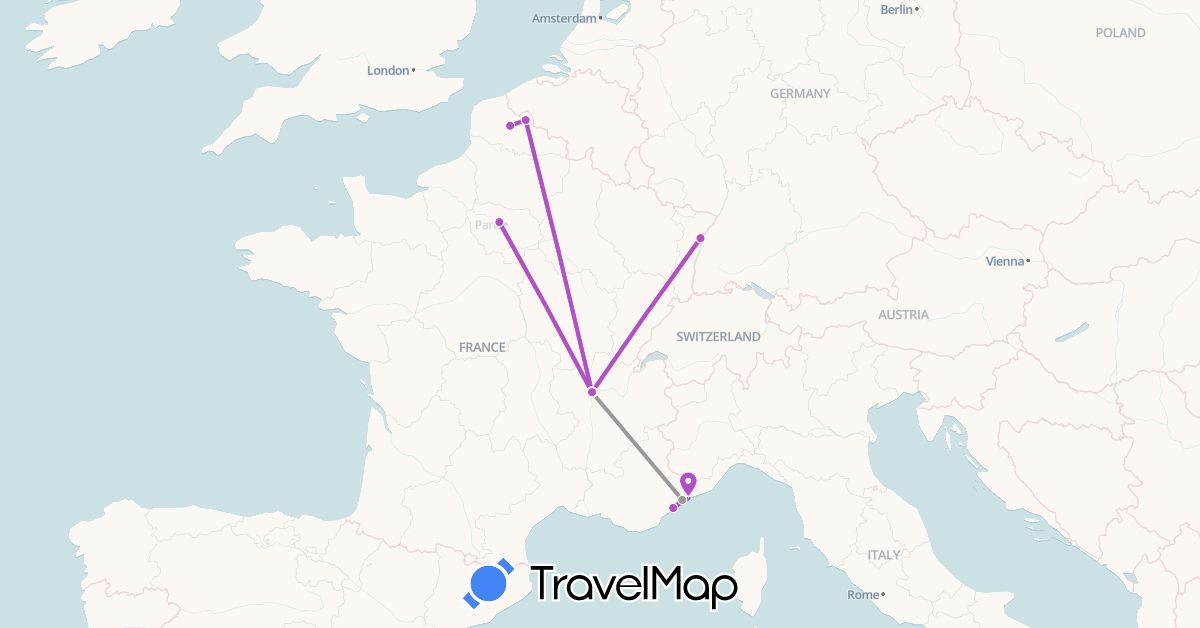TravelMap itinerary: plane, train in France, Monaco (Europe)